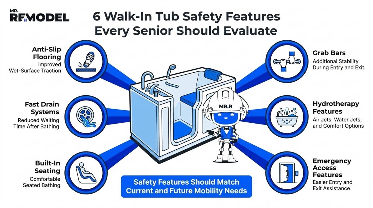 Safety-focused infographic highlighting the six most important walk-in tub features for seniors and aging-in-place planning.